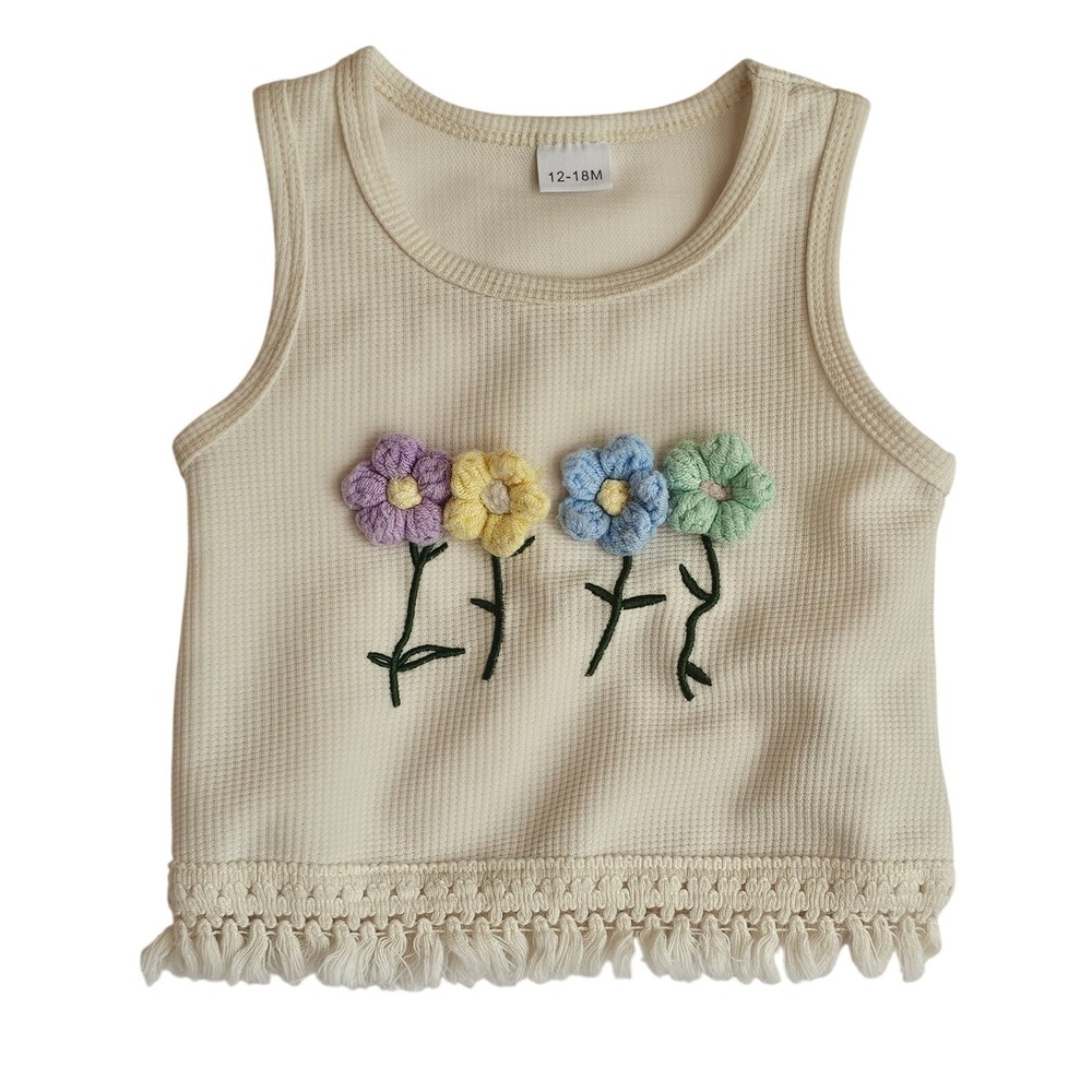 Cream Waffle Knit Tank Top 3D Crochet Flowers‎ Fringe Trim Toddler 12-18M